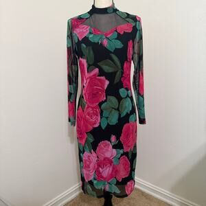 Alexa B Nites Black Pink Rose Dark Floral Romantic Goth 90s Dress Womens 10 EUC